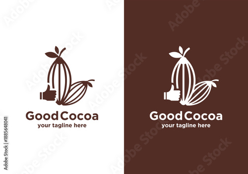 Good Cocoa Logo Design with Cocoa Pods and Thumb Up Symbol.