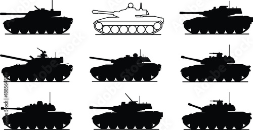 Military tank silhouette icon set with armored vehicles, battle tanks and tracked combat machines, black vector army equipment collection illustration