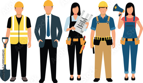 Diverse professional workers illustration showing construction laborer engineer architect business manager and technician team standing together representing careers industry teamwork employment