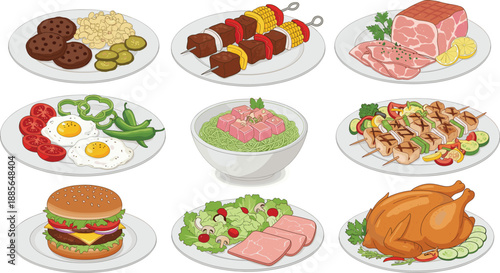 Delicious meat dishes collection with burgers, grilled chicken, steaks, kebabs, salads and hearty meals isolated on white background for food design