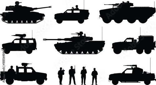 Modern military vehicle silhouette set with tanks, armored cars, combat trucks and soldiers, black vector army equipment collection illustration