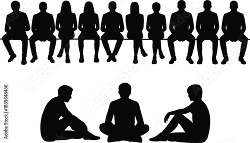 Human silhouettes sitting and discussing in group, teamwork concept, meeting, communication, community, therapy, interview, brainstorming, people interaction illustration