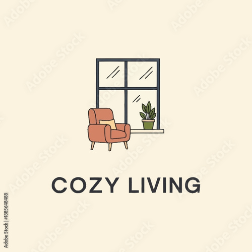 Cozy Living Room Interior with Armchair and Potted Plant.