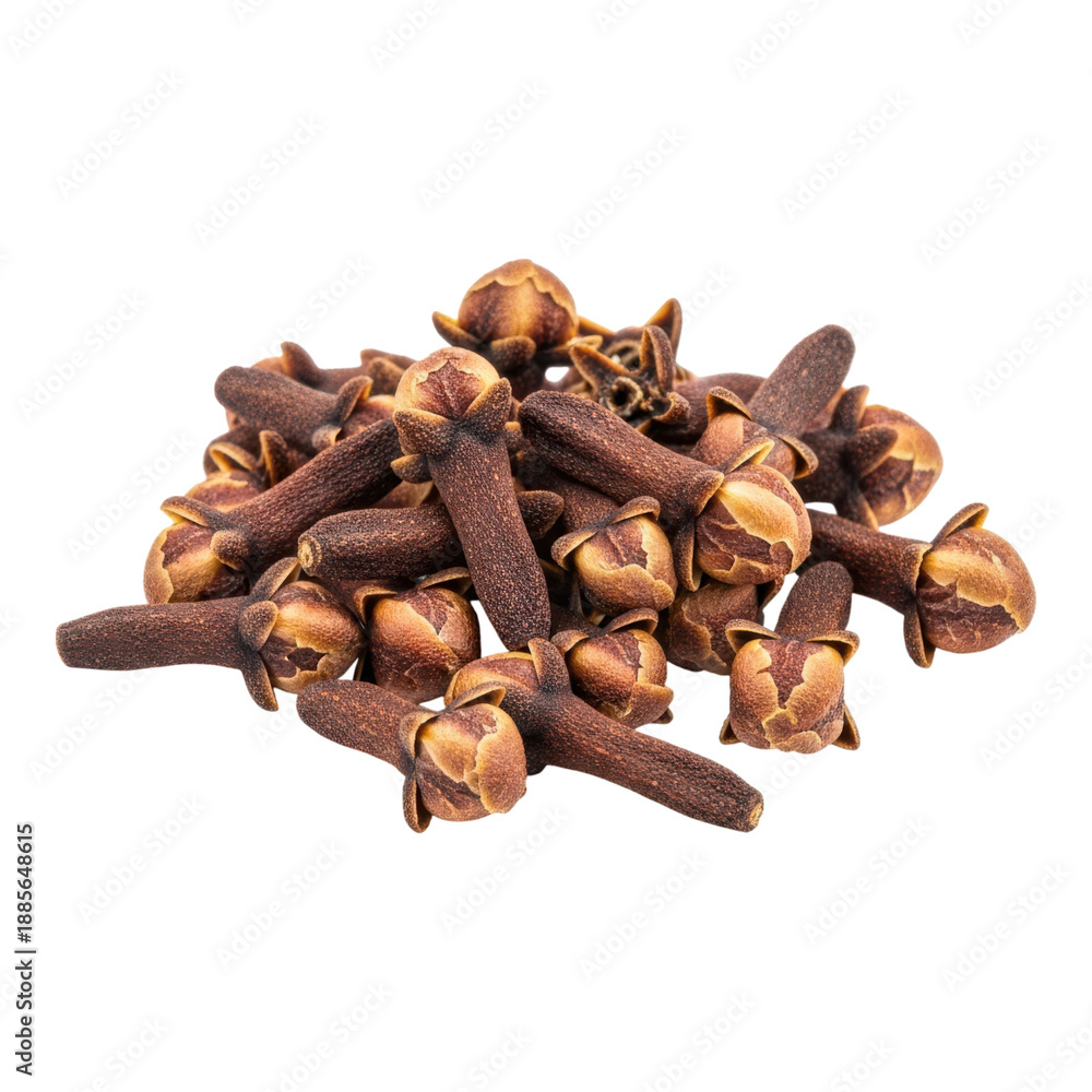 Obraz premium Aromatic brown dried cloves piled together on transparent background