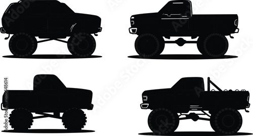 Off-road pickup truck silhouette set with lifted 4x4 vehicles, monster wheels and rugged design, black vector automotive illustration collection