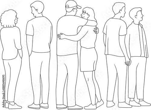 Minimal line art illustration of diverse people standing together, couples hugging and individuals waiting, representing social connection, relationships, community, togetherness,