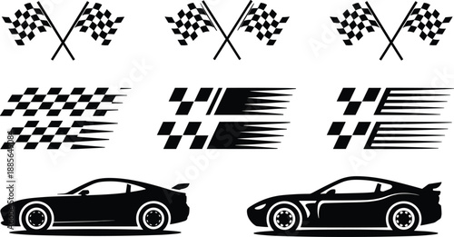 Racing checkered flag and sports car silhouette set with speed stripes, motorsport symbols and fast automobile icons, black vector illustration collection