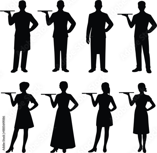 Professional waiter and waitress silhouette set holding serving trays, hospitality staff collection, restaurant service workers, catering uniform poses, black isolated vector illustration