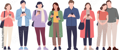 Modern diverse people standing together using smartphones, flat vector illustration of mobile technology addiction, social media communication, digital lifestyle, online connectivity, 
