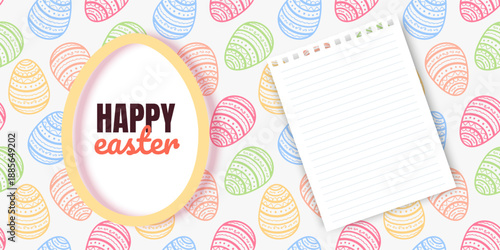 Illustration of Happy Easter Holiday Features a white oval frame shaped like an Easter egg with a soft yellow border perfect for holiday marketing, seasonal sales, boutique gift cards, and spring cele