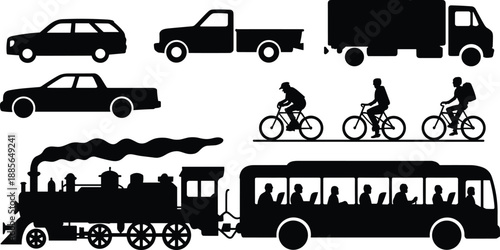 Transportation silhouette icon set with cars, pickup trucks, cargo van, cyclists, steam train and city bus, black vector travel collection illustration