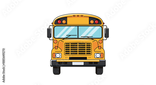 A classic yellow school bus driving down a road on a sunny day.