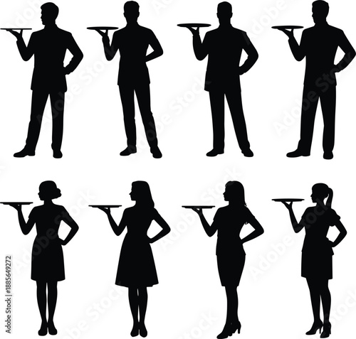 Professional waiter and waitress silhouettes holding serving trays, hospitality staff collection, restaurant service crew poses, catering workers icons, elegant uniformed servers isolated