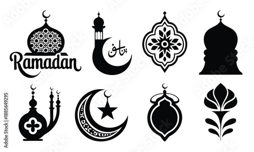 Set bundle Ramadan silhouette of mosque dome crescent star lantern ornate designs