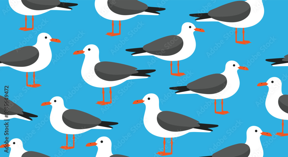 Obraz premium A repeating pattern of pixel art seagulls on a blue background.