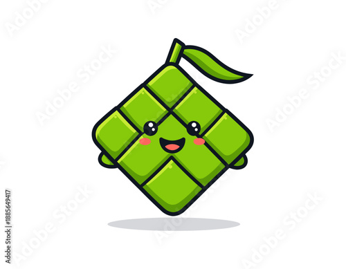A cartoon dumpling character with a smiling face and green color, isolated on a clean background, viewed from the front with a cheerful expression