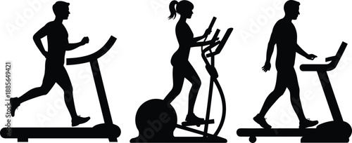 Silhouette fitness cardio workout illustration showing men and women exercising on treadmill and elliptical trainer machines, active lifestyle, gym training concept isolated on white background