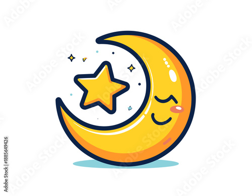 A smiling crescent moon with a star shining brightly in its cradle surrounded by sparkles