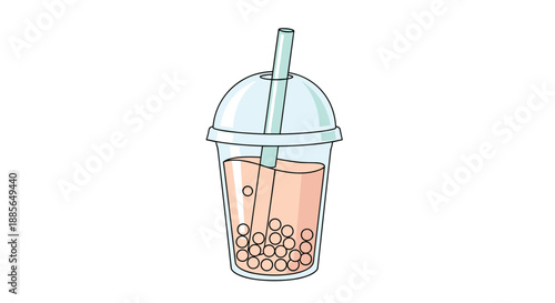 A delicious bubble tea with tapioca pearls and a straw in a clear plastic cup.
