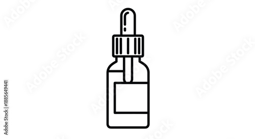 A close-up line art drawing of a glass dropper bottle with a blank label.