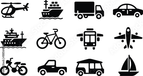 Transportation vehicle silhouette icon set with helicopter, ship, truck, car, airplane, bicycle and bus, black vector transport collection illustration