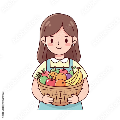 Cartoon Girl Holding Basket of Fresh Fruit.