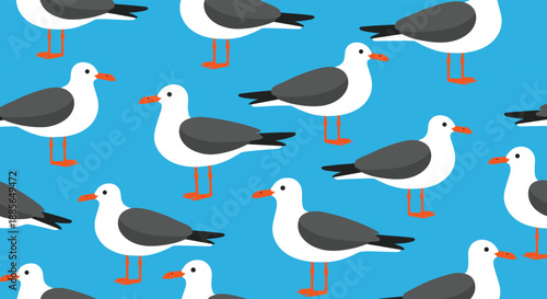 A repeating pattern of pixel art seagulls on a blue background.