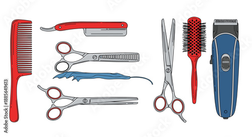 Collection of hairdressing tools including comb scissors and clippers.