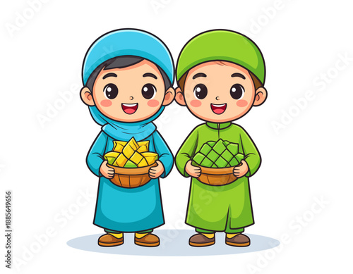 Two children in traditional clothing holding baskets of food, standing together, viewed from the front