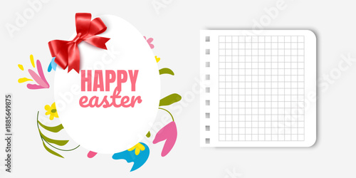 Illustration of Happy Easter Holiday Features a white oval frame shaped like an Easter egg with a soft yellow border perfect for holiday marketing, seasonal sales, boutique gift cards, and spring cele
