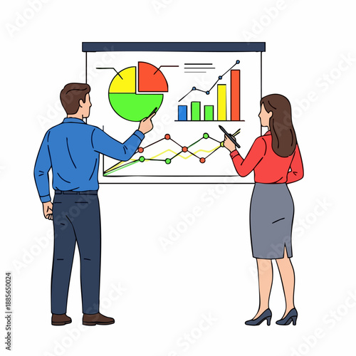 Professionals presenting data analysis, outlining charts, graphs on screen. Colleagues discuss data analysis, interpreting market trends, financial results. Data analysis for business planning,