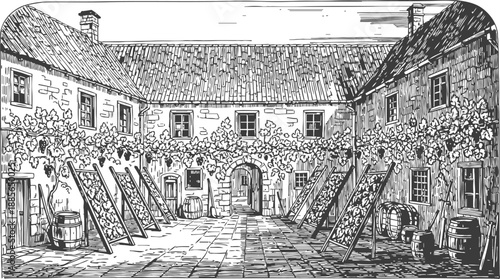 vintage courtyard with drying grapes on racks and barrels in traditional vineyard scene