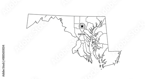 A map outline of the state of Maryland showing its various counties and waterways.