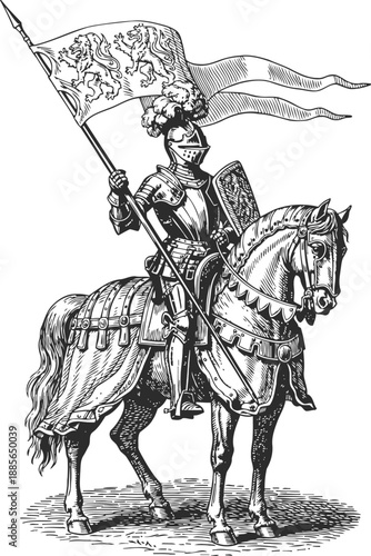 Medieval knight in armor on war horse holding banner with heraldic lions emblem