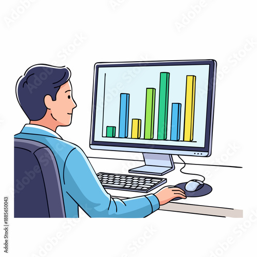Man conducting data analysis, observing colorful bar chart on computer monitor screen. Professional worker focused on data analysis with mouse, keyboard.