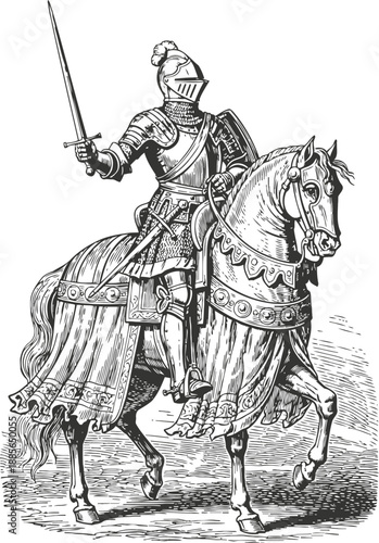 Armored knight on horseback wielding sword in medieval jousting tournament scene