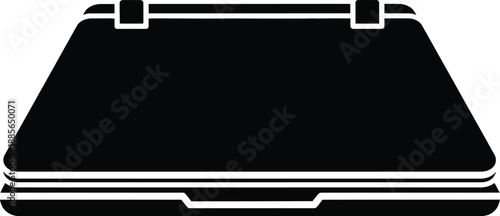 A black silhouette icon of a partially opened laptop computer on a white background.