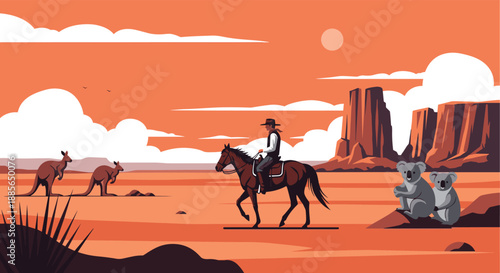 A lone rider traverses the Australian outback alongside kangaroos and koalas.