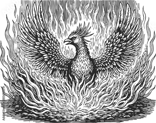Phoenix rising from flames with outstretched wings in detailed black and white illustration