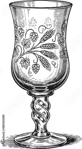 Elegant vintage goblet with etched floral and wheat design on twisted stem