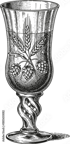 Decorative glass with barley and hop design for beer and brewing tradition