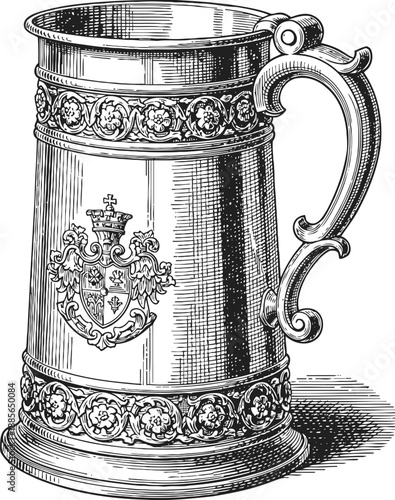 Antique ornate metal beer stein with floral decorations and heraldic crest engraving