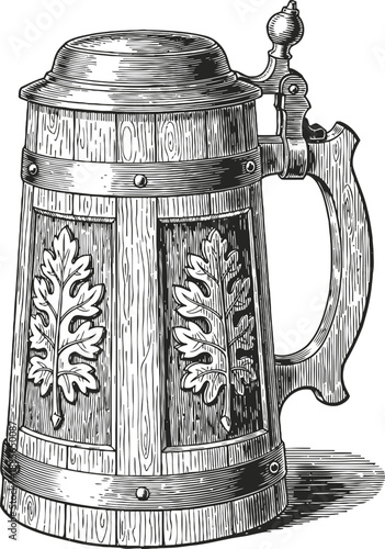 vintage wooden beer stein with metal lid and ornate leaf carvings, classic drinking mug illustration