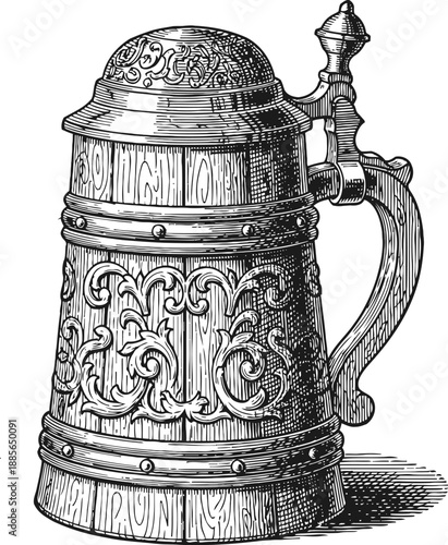 Ornate vintage beer stein with lid and detailed floral engravings on wooden surface