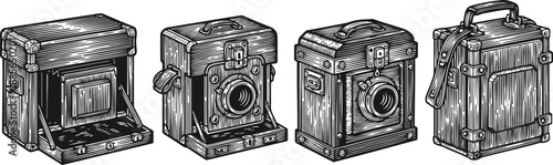 Set of vintage wooden box cameras with bellows and lenses in detailed sketch