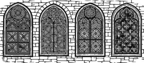 Four gothic arched stained glass windows with intricate geometric and floral patterns on stone wall