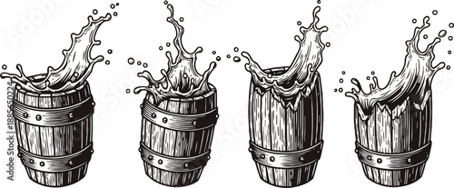 wooden barrels splashing water hand drawn vintage illustration of liquid spilling and splattering from rustic barrels