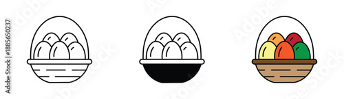 Basket with Eggs Icon Set in Line, Solid and Filled Outline Colorful Style – Easter Egg Basket Vector Signs for Farming, Agriculture, Grocery, Food, and Holiday Concepts.