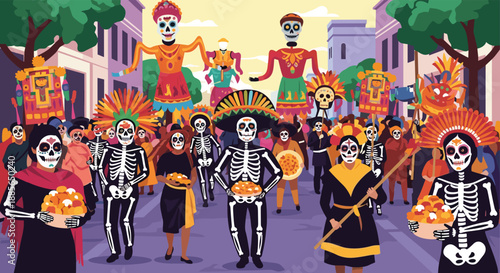 A vibrant street parade celebrates a traditional cultural festival with costumed participants.