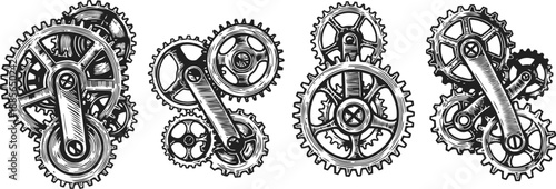 Detailed mechanical gears and cogs with connecting rods in steampunk illustration